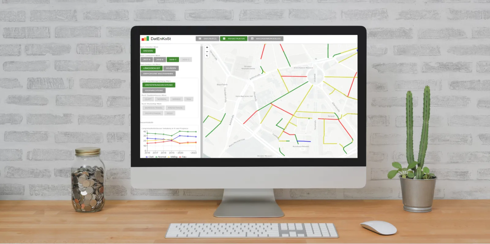 Analysis dashboard with a map view of the Dresden path network, filters for evenness, damage and quality classes, and a time series statistic