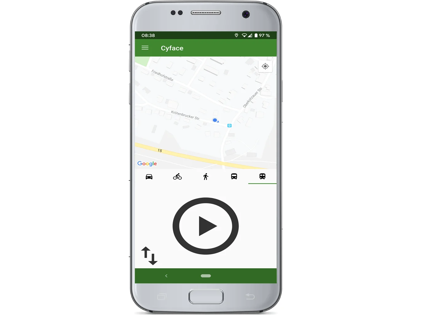 Cyface collection app on an Android smartphone with map, transport mode selection and recording controls