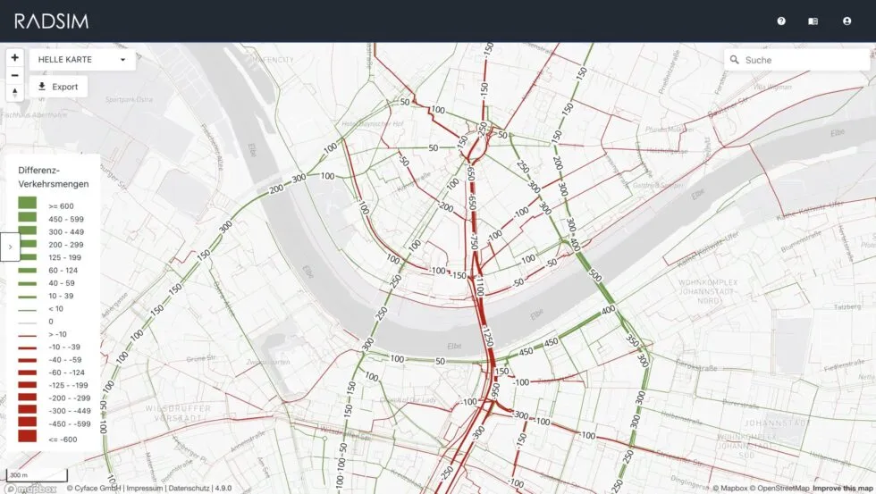 Simulated cycling flows in Dresden after the loss of the Carola Bridge