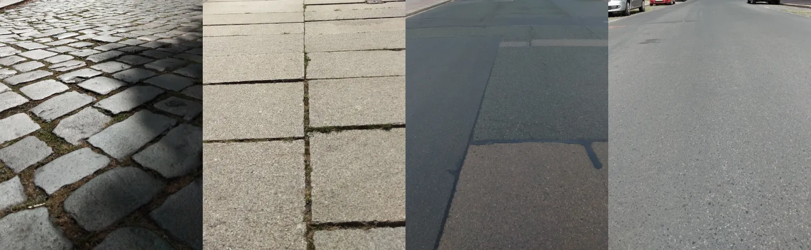Four photos of path surfaces: rough cobblestones, fair slab pavement, normal asphalt, smooth asphalt